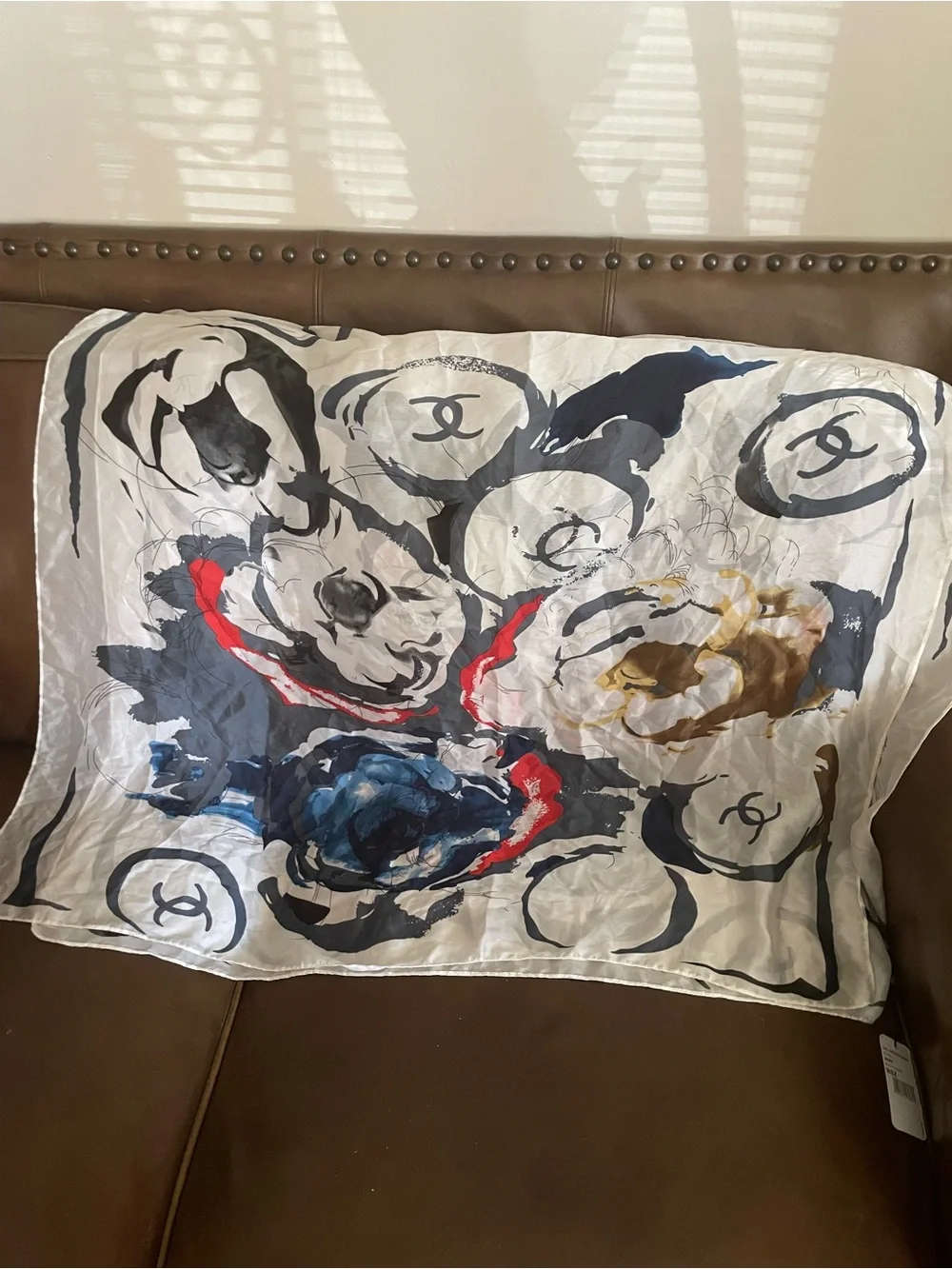 XL Vintage w tag Double C Abstract Silk Scarf in White, Navy & Red